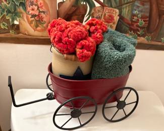 Nice Metal wagon, Blue and white crock with floral