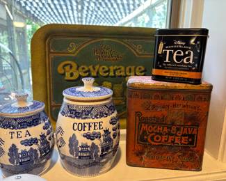 Blue and White Tea and Coffee Cannisters with Lids,  Mocha and Java Coffee and Tea Cans.  Beverage Tray