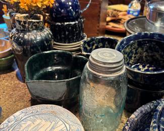 Blue Sponge ware and splatter ware, blue mason jars