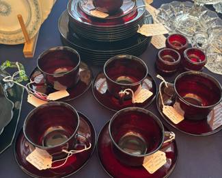 Ruby Red Plates, cup and saucers,
