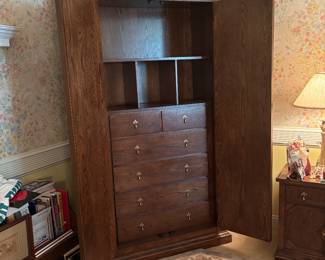 Excellent condition - unique Wardrobe - matching end tables/night tables, dresser and kingsize Headboard. Beautiful Hexagon Rug