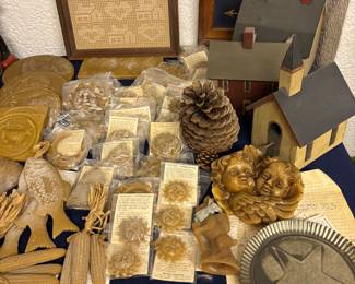 Molds, counted cross stitch, framed rooster, wood buildings