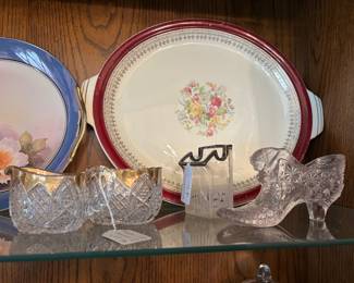 Crystal Shoe, Gold and Chystal cream and sugar, Violetare vase, painted china