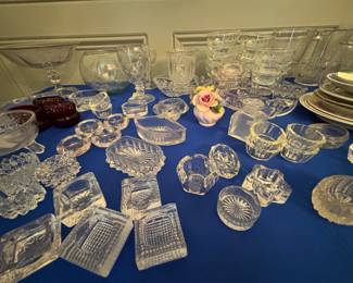 Clear Glass and Crystal - salt cellers, compotes, small bowls, compote bowls, serving dishes - different patterns