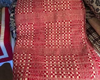 Red and White Loom overshot fabric as found