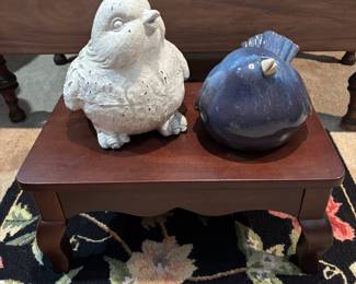 Whimsical Birds on smal wood foot stool.  Lovely rugs and carpet throughout house