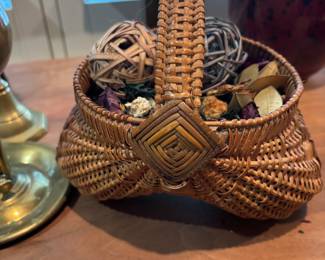 French Buttock wove basket and content, wide handles