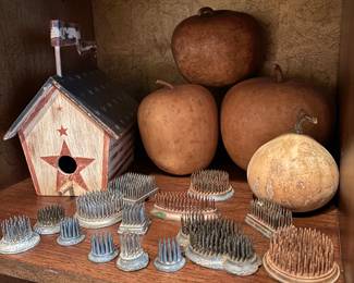 Antique metal flower Frogs, Gourd like pumpkins, Various birdhouses