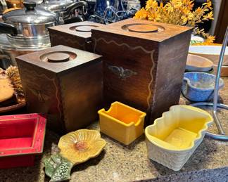 Wood Vintage Cannisters, Spoon holders, small ceramic boxes, square bowls