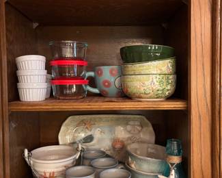 Various Souffle Bakeware, glass storage, Seascape Mugs, Bowls and ceramic baskets