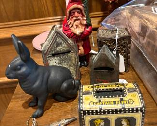 Mini and small kitchen banks - metal, Die Cast Rabbit and Chalkware Santa
