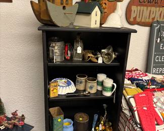 Wonderful Shelf full of hand painted decor, pottery, baskets, mugs, sifters 