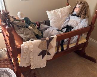 Large Walnut Cradle, Doll size or newborn size.  Lifesize Doll, quilt, cloth dolls