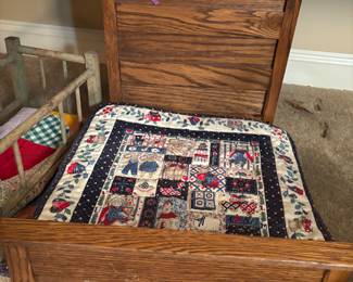 Oak Doll Bed. Small doll quilt
