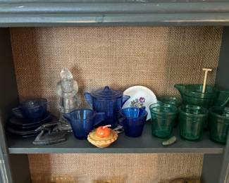 Cobalt Blue Sugar and Creamer set, Emerald Green Pitcher and glass set