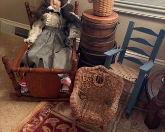 Another cradle.  Life size doll., collection of Cheese boxes with lids and handles, child/doll rocker. Rattan Doll Rocker. Beautiful small rug