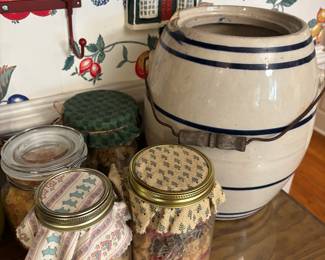 Primitive handled crock w/o lid.  Jars with pasta and cloth caps