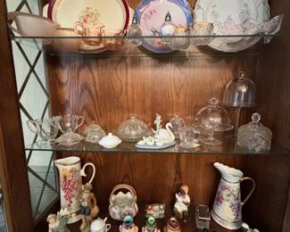 Crystal small dome dessert stands, candelabras, painted pitchers