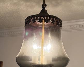 Vintage smoke glass and brass hanging candelabra lamp