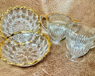 Jeannette gold rimmed thumbprint berry bowls and anniversary cream and sugar