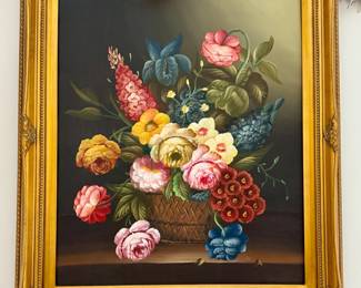 Large gold framed original floral oil painting (unsigned)