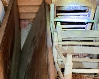 Metal folding tables and wicker ladder back chairs