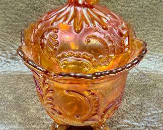 Imperial Marigold carnival glass footed candy dish