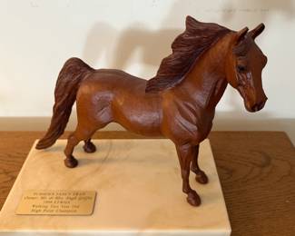 High Point Champion horse statue on marble base, includes pedigree certificate