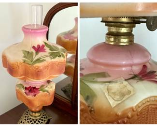 Antique hand painted hurricane oil lamp