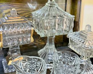 Vintage cut glass covered compotes and cream and sugar bowls