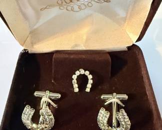 Rhinestone horseshoe cufflinks and tie pin
