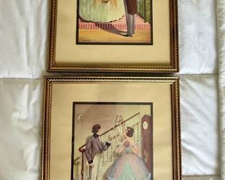 Antique framed prints "The Parting" and "Three Is A Crowd" by Glenn B. Churchill