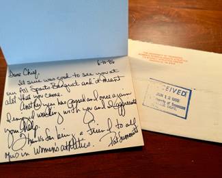 Handwritten letter dated 6-10-86 and signed by Lady Vols basketball coach Pat Summitt