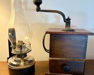 Vintage oil lamp and coffee grinder