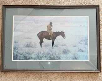 Large framed print "The Herd Boy" by Frederic Remington (glass needs replacement)