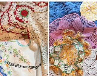Vintage hand-stitched tablecloths, doilies and afghans