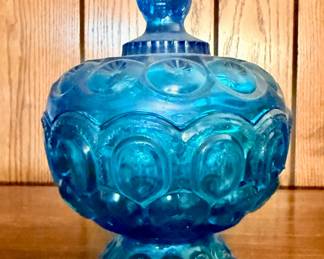L.E. Smith Moon and Stars blue glass covered compote