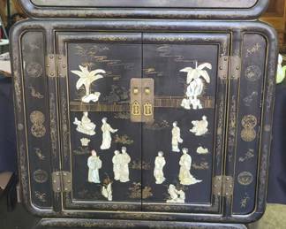 Tall Chinese Black Lacquer Chinoiserie Chest Armoire