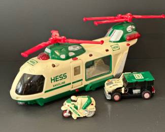 Vtg Hess Toy Truck set- helicopter, a motorcycle, and a cruiser