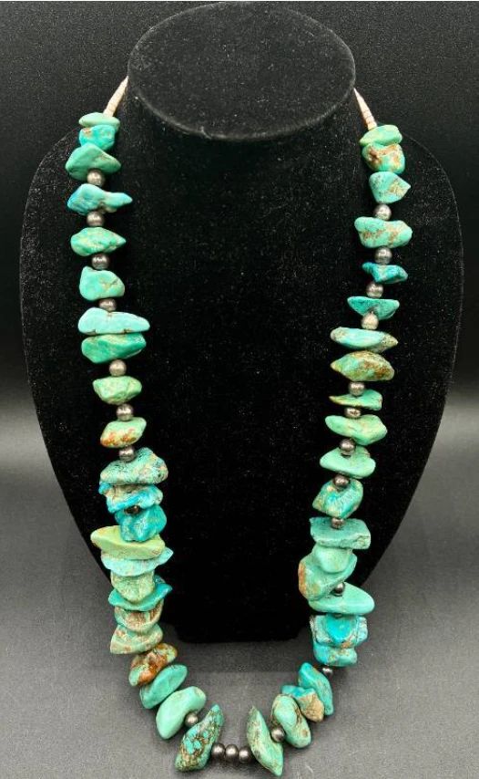 Chunky Vintage Native American Turquoise and Sterling Silver Nugget Necklace Total Length 34"