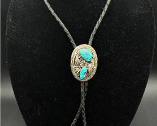 Floral Double Turquoise Stone .925 Sterling Silver Bolo Tie