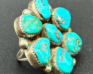 7 Turquoise Cluster .925 Sterling Silver Stamped Signature Ring - Size 10