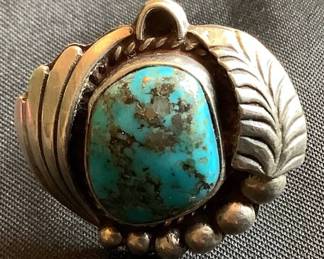 Leaf and Feather Turquoise .925 Sterling Silver Ring - Size 8
