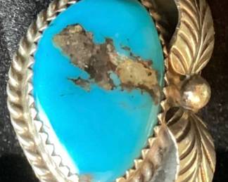 Double Leaf Turquoise .925 Sterling Silver Ring - Size 7.5