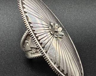 Large Oval .925 Sterling Silver Flower Accent Ring Size 12