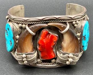 Double Bear Claw .925 Sterling Silver Turquoise and Coral Cuff Bracelet