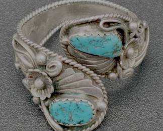 Floral Wrap Around .925 Sterling Silver Double Turquoise Stone Ring Size 11