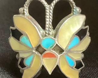 Butterfly Multi Stone Inlay .925 Sterling Silver Ring - Size 10.5