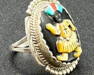 Kachina Multi Stone Inlay Zuni Signed .925 Sterling Silver Ring -Size 7.25