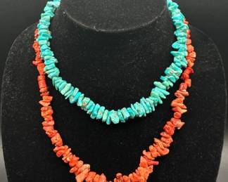 Vintage Pair of Sterling Silver with Turquoise and Natural Coral Beaded Necklaces